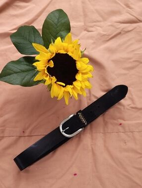 Fossil Black Leather Belt with Silver Buckle and Stud Detail